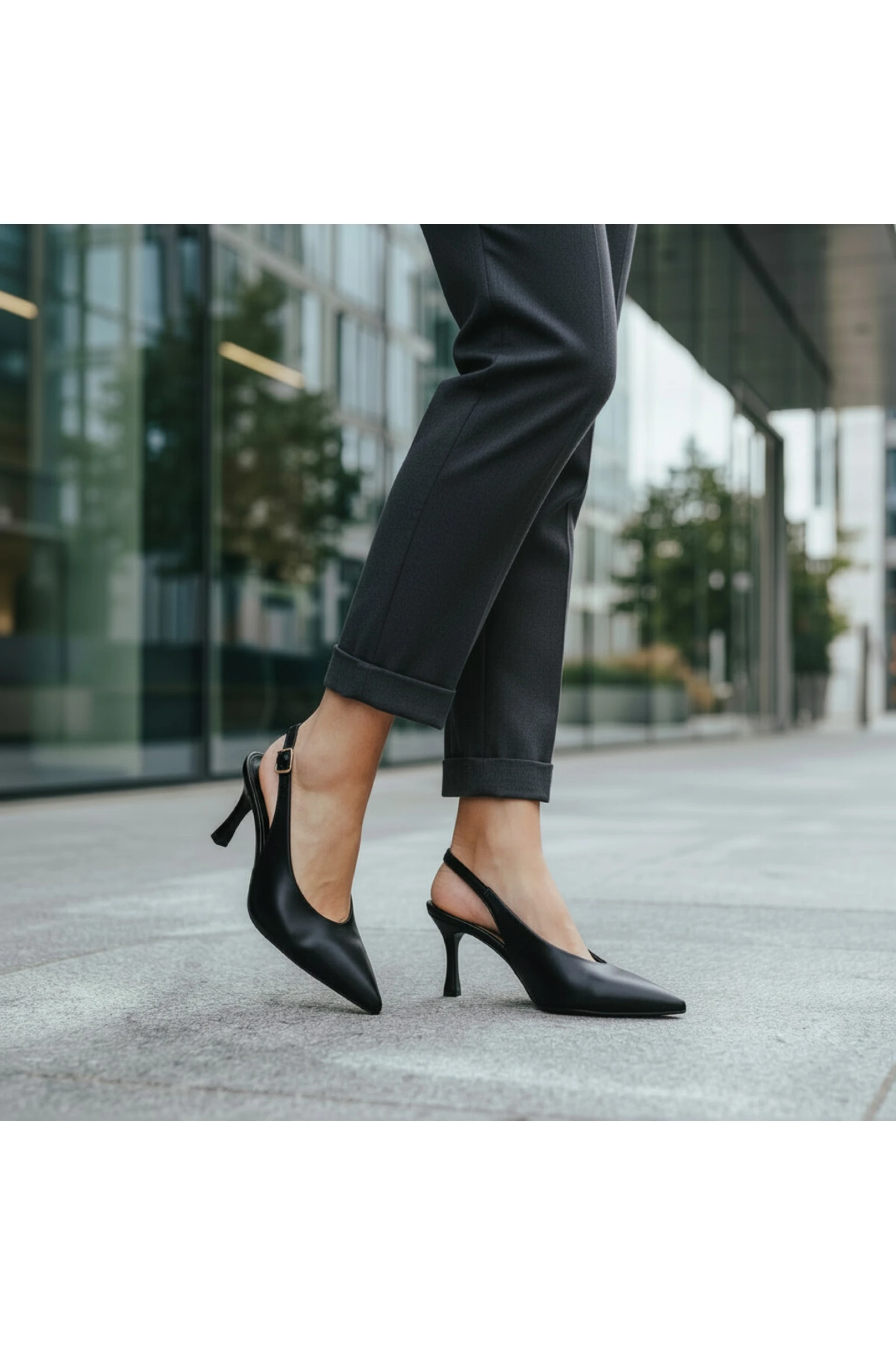 Lucia Siyah Cilt Sivri Burun Arkası Açık Tokalı Slingback